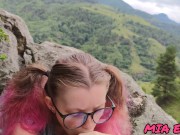 blowjob in the mountains from a girl in glasses with pink hair cum on glasses and face 9/16
