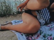 Sea, beach, masrurbation, glass dildo 13/16