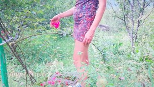 Naughty girl Pissing on groving rose flowers in the garden - Angel Fowler