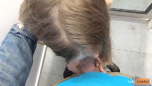 Risky Public Blowjob: Petite girl sucking in a shop changing room