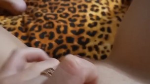 MILF in striped tank top and white panties fingers her wet pussy close up