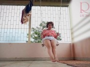 Cute housewife has fun without panties on the swing Slut swings and shows her perfect pussy 1 13/16