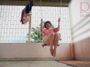 Cute housewife has fun without panties on the swing Slut swings and shows her perfect pussy 1 3/16