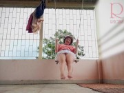 Cute housewife has fun without panties on the swing Slut swings and shows her perfect pussy 1 7/16