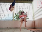 Cute housewife has fun without panties on the swing Slut swings and shows her perfect pussy