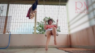 Cute housewife has fun without panties on the swing Slut swings and shows her perfect pussy