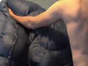 Puffy Jacket Lover Humping Huge Down bag Comforter Until He Cums. Shiny Nylon Bed Humping!! 1/16