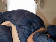 Puffy Jacket Lover Humping Huge Down bag Comforter Until He Cums. Shiny Nylon Bed Humping!! 12/16