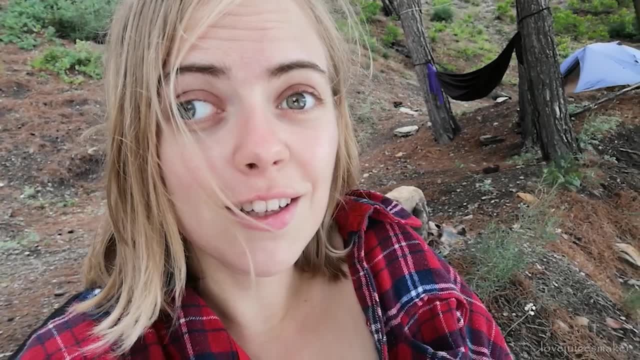 Risky pussy play and creamy cum in the camp near the cliff! Can you stand  the power of storm?