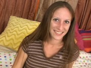 Skinny brunette jerks a cock before getting bent over and pounded