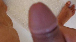 Latin Guy stroking his cock in the shower getting hard POV