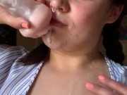 Eating cum from his pocket pussy