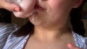 Eating cum from his pocket pussy