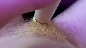 Horny teen vibrates her tight hairy pussy