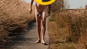 Naked on cycle path with cock and ball weights