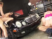 4Some At The Car Shop! Dava Foxx And Sara Jayy Milk Their Hung Mechanics! 16/16
