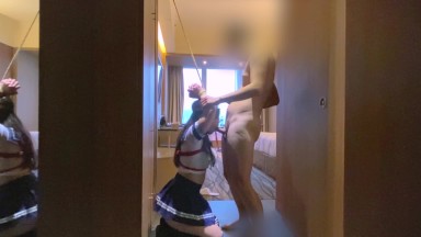 Tied up Asian School Teen giving a blowjob and squirt, then have a hard fuck