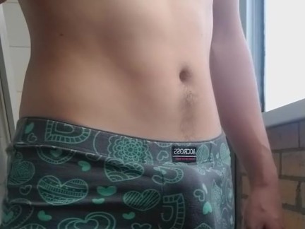 handsome guy in panties with a big standing cock spying on a neighbor