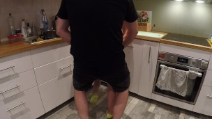 The neighbor came over for a quick fuck, he liked my socks and he came over my ass too fast