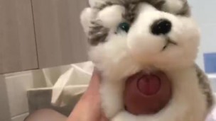 Jacking off and cumming with help from my plush wolf