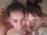 Two cum sluts beg for guy to cum in their eyes | piss eyes clean 4/16