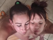 Two cum sluts beg for guy to cum in their eyes | piss eyes clean 5/16