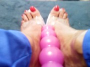 Long red toenails and big dildo and high heels