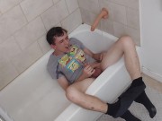 Crossdressing sissy pisses in his mouth and sucks his toy cock