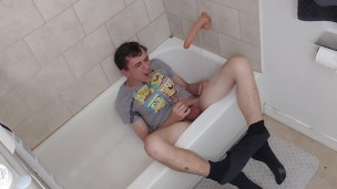 Crossdressing sissy pisses in his mouth and sucks his toy cock