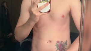 Blonde guy jerks off before the gym 