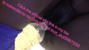 Filling up bottle with a lot of piss with sexy pussy