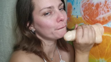 Hot milf slobbering blowjob, cum with ahegao face - LittleMaryLove