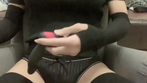 Femboy masturbate in black panties and stockings with vibrator