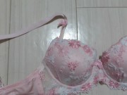 Ejaculate towards the pink bra, but much of the semen flew farther lol