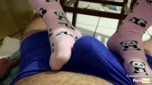 Footjob on cute socks over his underwear, cum through boxers
