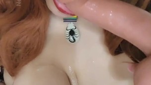 Goth BBW oral slut drools on big tits and sucks dildo