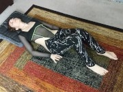 Petite brunette fucks herself with dildo while wearing a one piece 2/16