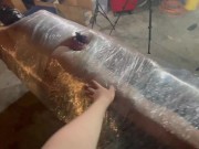 Femdom wraps sub in saran wrap and is slowly edged 1/16