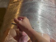 Femdom wraps sub in saran wrap and is slowly edged 16/16