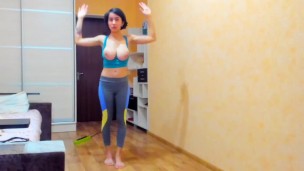 Sexy brunette Myla_Angel. Gymnastics in sportwear and naked, tits sucking, naked walking!