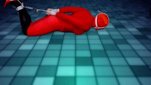 Selfbondage in red on the dance floor with ice lock