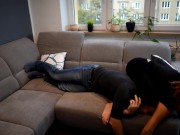 Step-Sister pushed foot smelling (footdom, femdom, wrestling, foot smother, foot fight, long toes