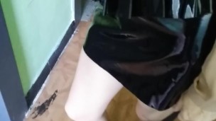 Public elevator crossed legs orgasm in PVC skirt