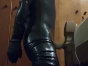 Wand edging torture while in chastity, hooded and plugged in full latex