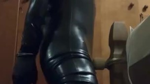 Wand edging torture while in chastity, hooded and plugged in full latex