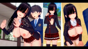 【Hentai Game Koikatsu！】 Une écolière aux cheveux noirs et aux gros seins se frotte les seins.