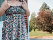Flashing my huge tits before spraying piss all over the place outside