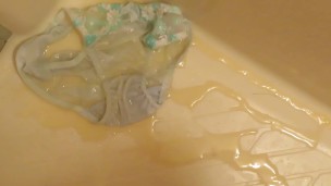 Pissing on light-blue panties!!