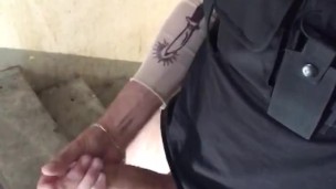 YOUNG GUARD JERKING HUGE DICK, CUM SHOWER