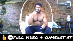 Hot Hairy Muscle Daddy Dildoing Asshole and Jerking Off Outdoors Backyard